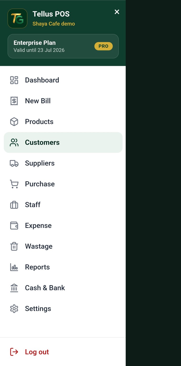 Tellus POS menu showing dashboard, products, customers, reports and more