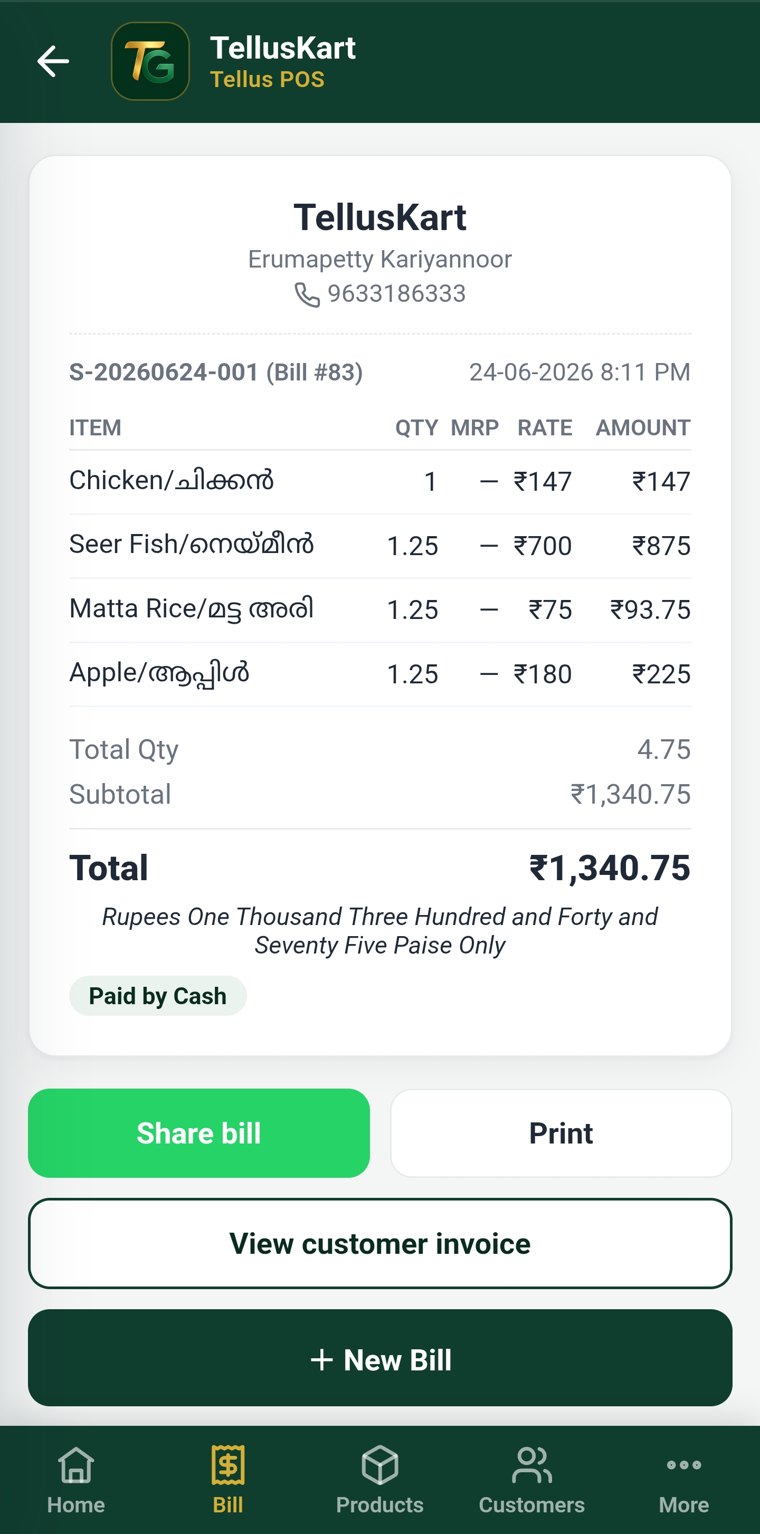 Tellus POS customer bill on a phone